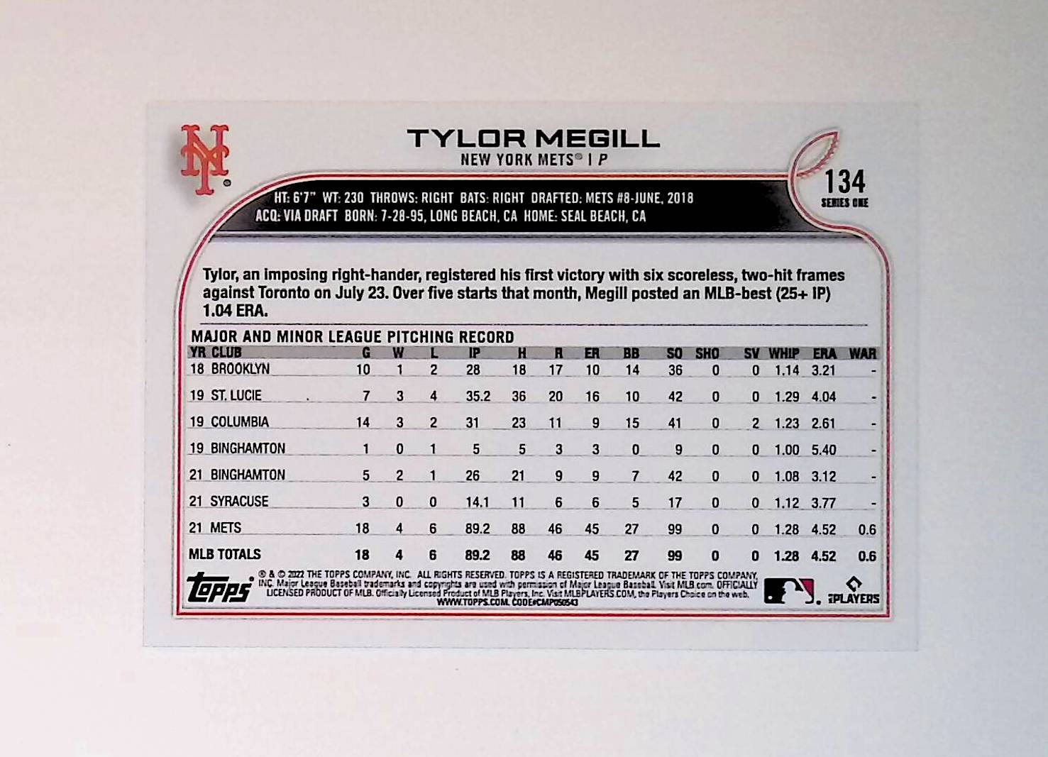 Tylor Megill 2022 Topps #134 (Rookie Card) - LoCo Collectables