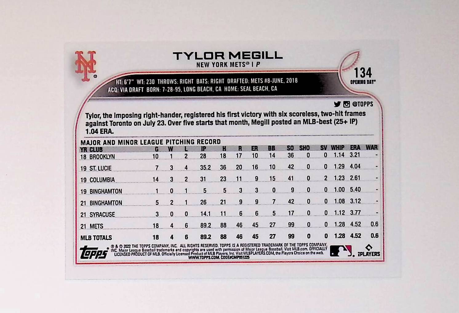 Tylor Megill 2022 Topps Opening Day #134 (Rookie Card) - LoCo Collectables