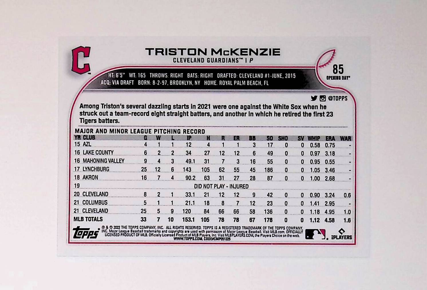 Triston McKenzie 2022 Topps Opening Day #85 (Future Stars) - LoCo Collectables