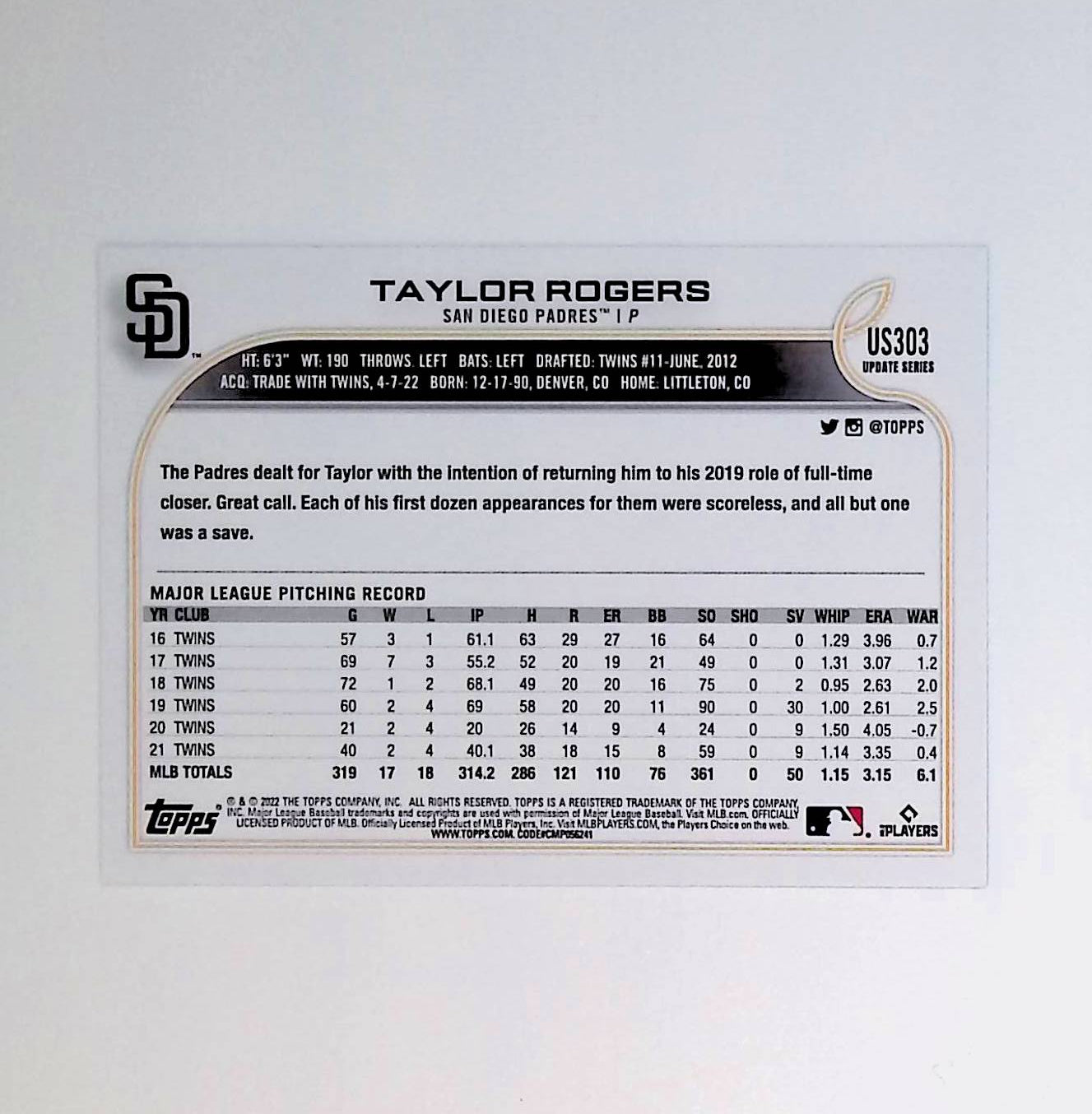 Taylor Rogers 2022 Topps Update Royal Blue #US303 - LoCo Collectables