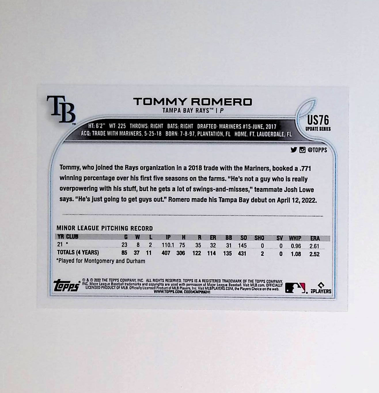 Tommy Romero 2022 Topps Update #US76 (Rookie Card) - LoCo Collectables