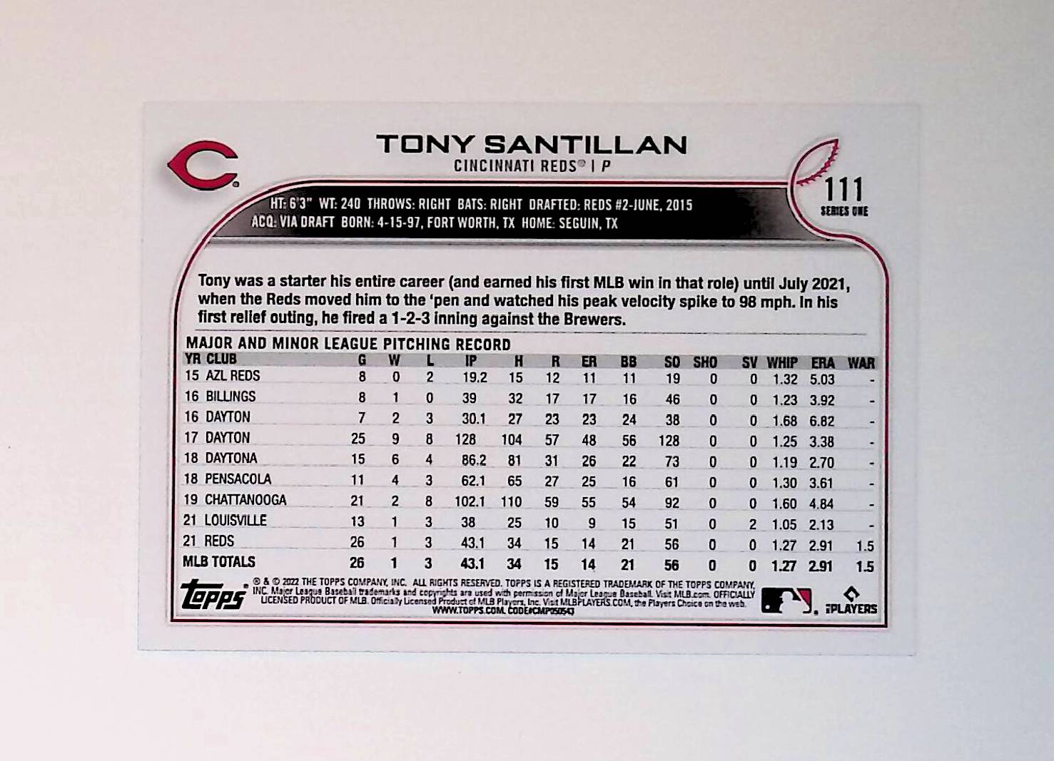 Tony Santillan 2022 Topps #111 (Rookie Card) - LoCo Collectables