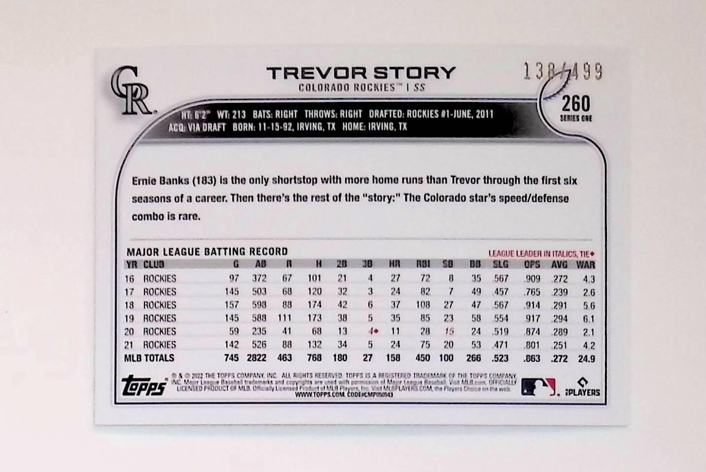 Trevor Story 2022 Topps Green Foilboard #260, 138 /499 - LoCo Collectables