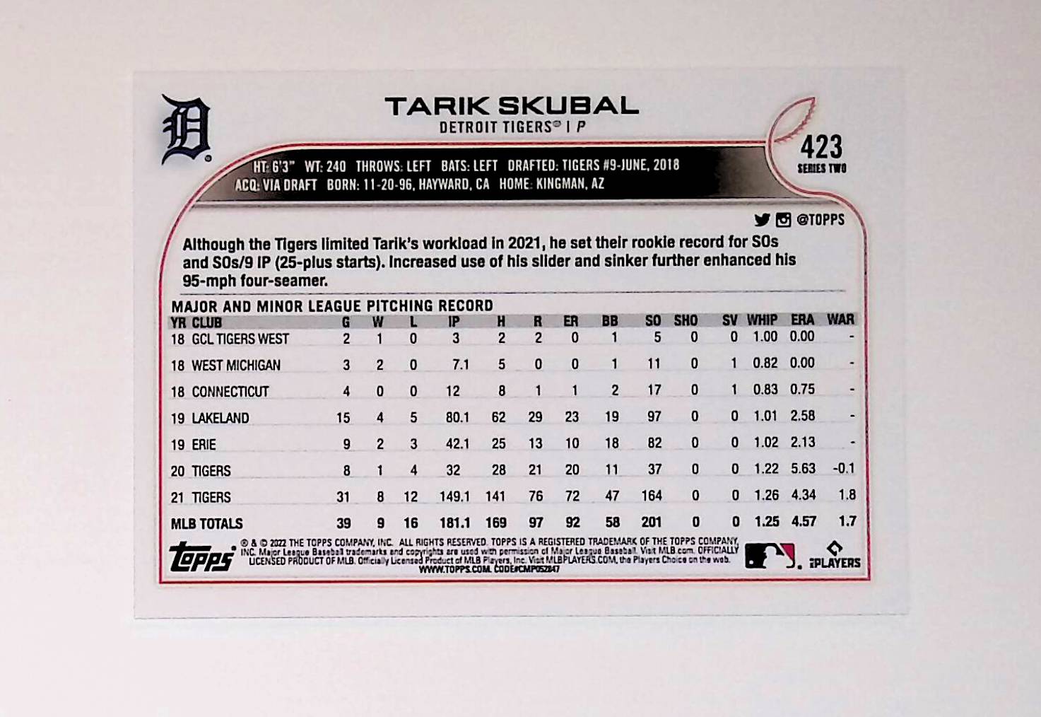 Tarik Skubal 2022 Topps #423 (Future Stars) - LoCo Collectables