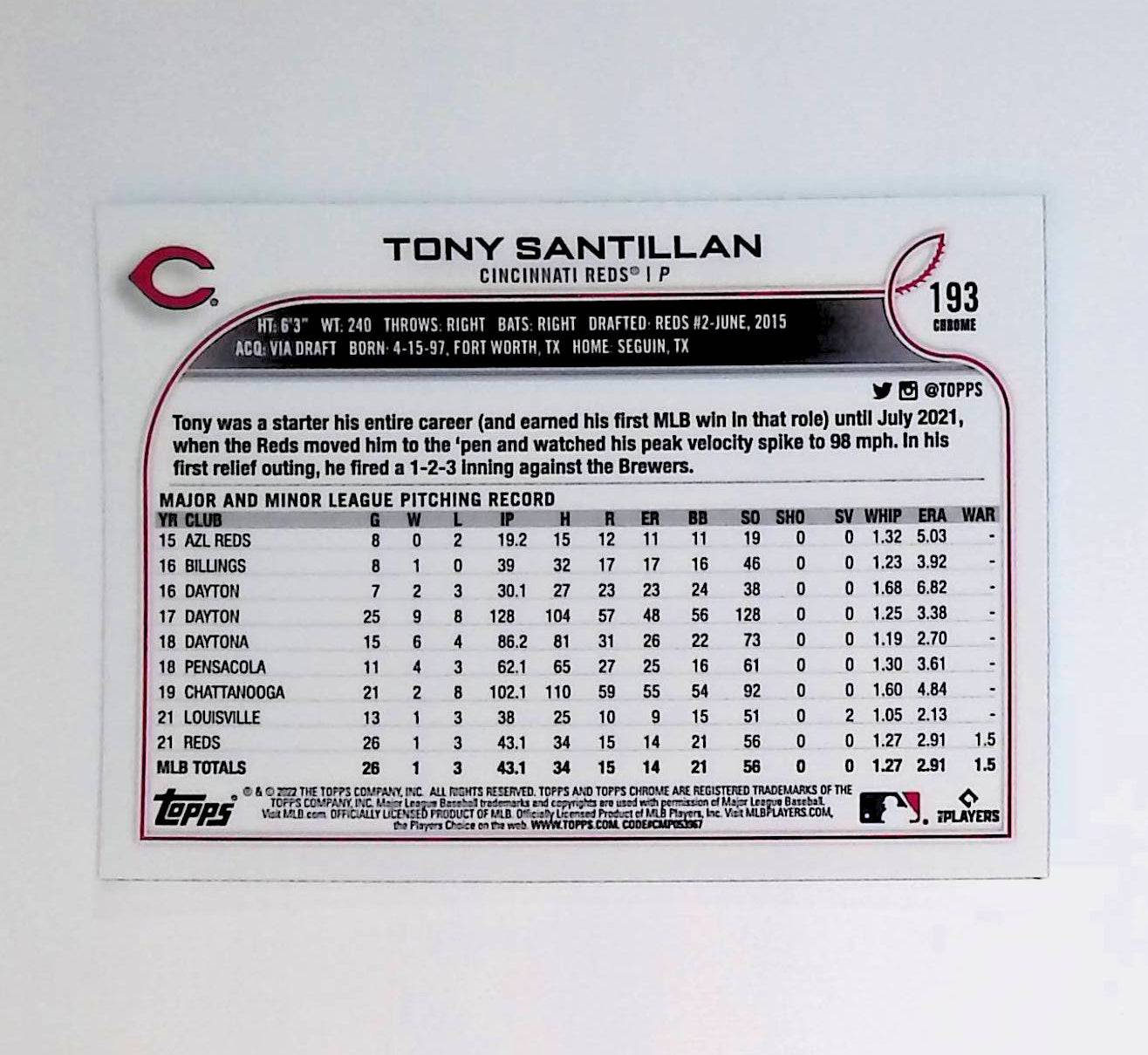 Tony Santillan 2022 Topps Chrome #193 (Rookie Card) - LoCo Collectables