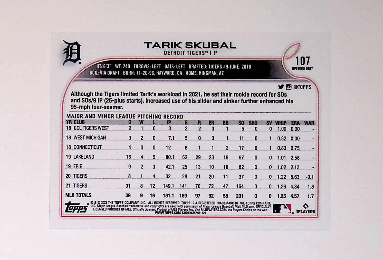 Tarik Skubal 2022 Topps Opening Day #107 (Future Stars) - LoCo Collectables