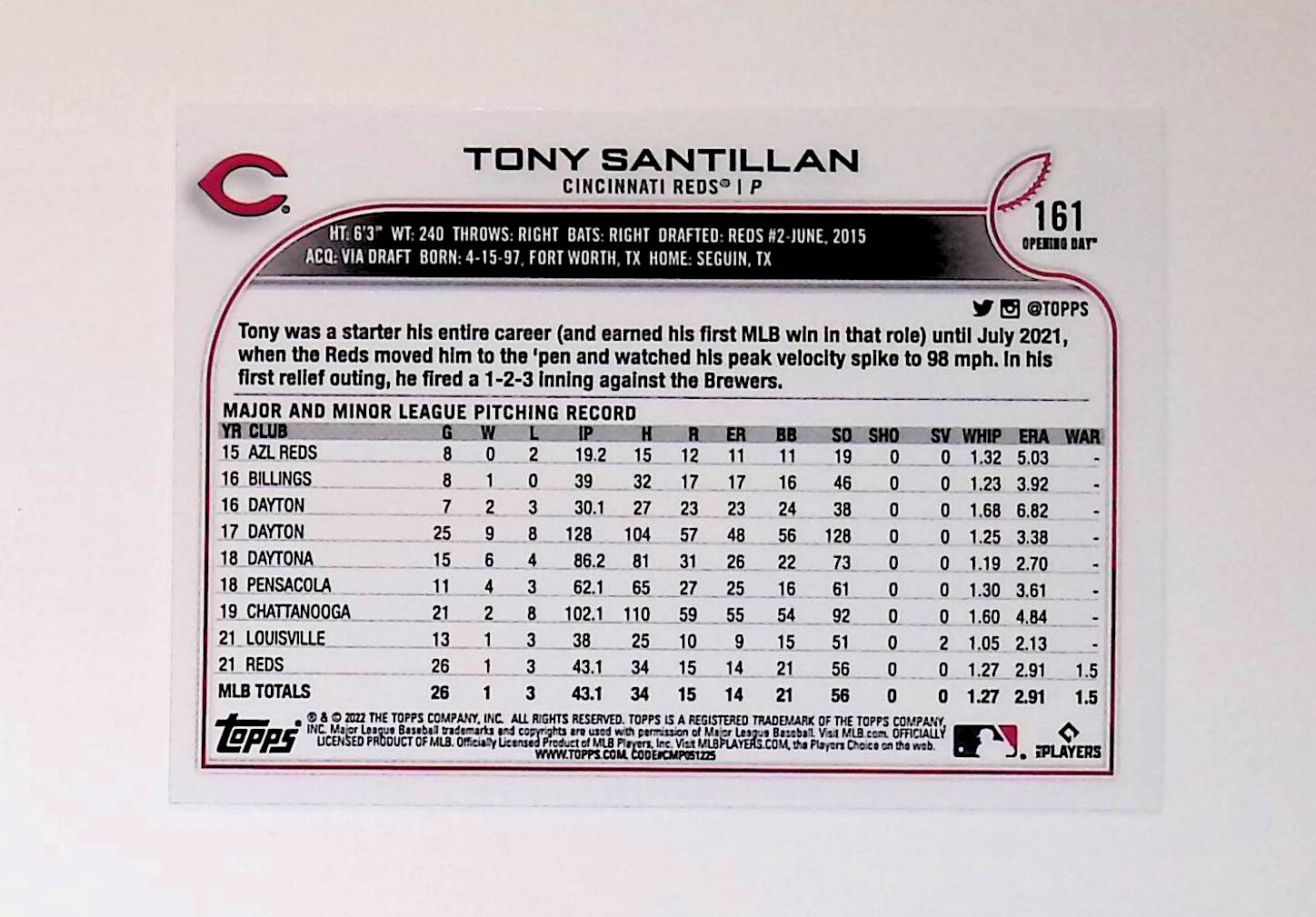 Tony Santillan 2022 Topps Opening Day #161 (Rookie Card) - LoCo Collectables