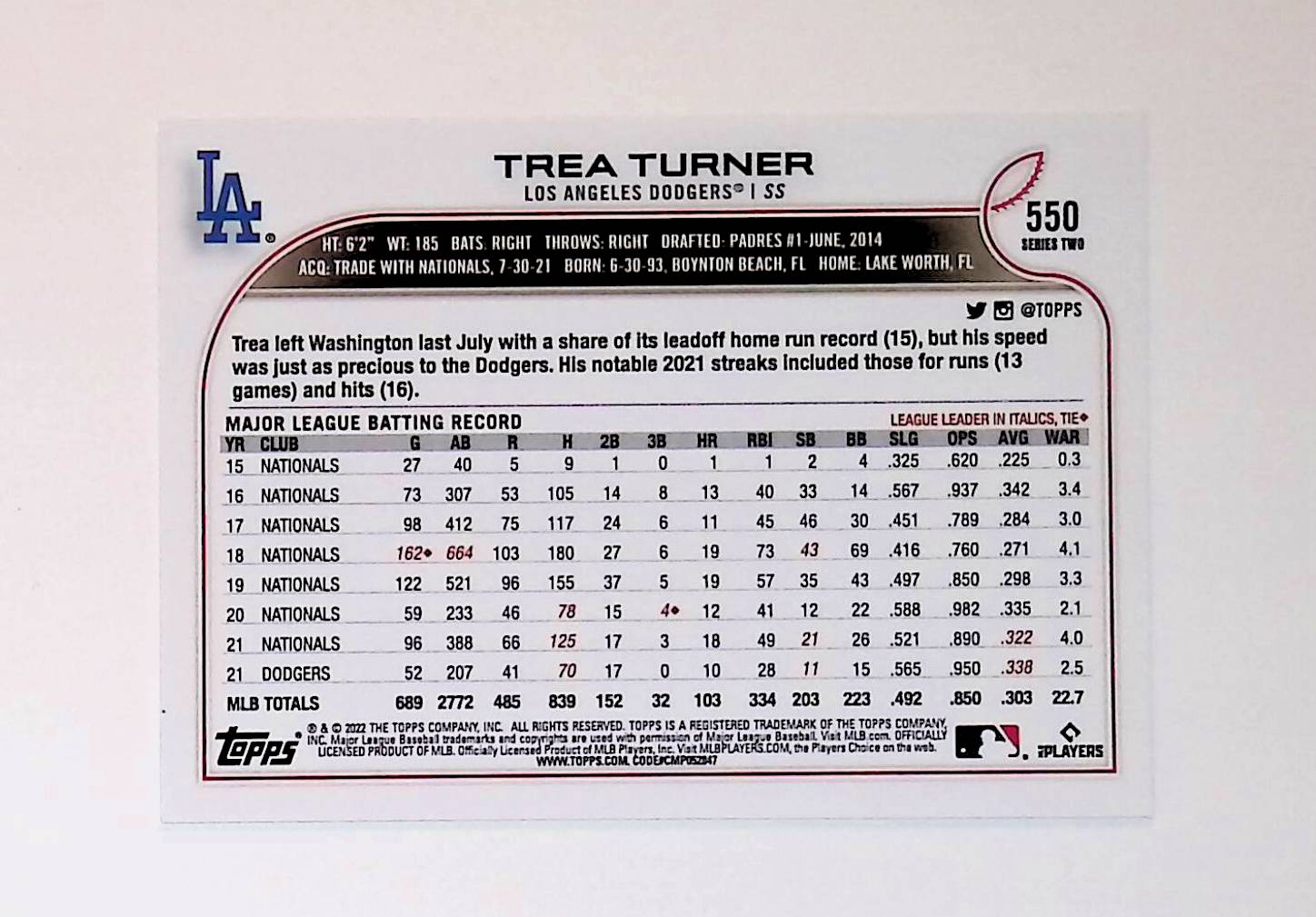 Trea Turner 2022 Topps #550 - LoCo Collectables