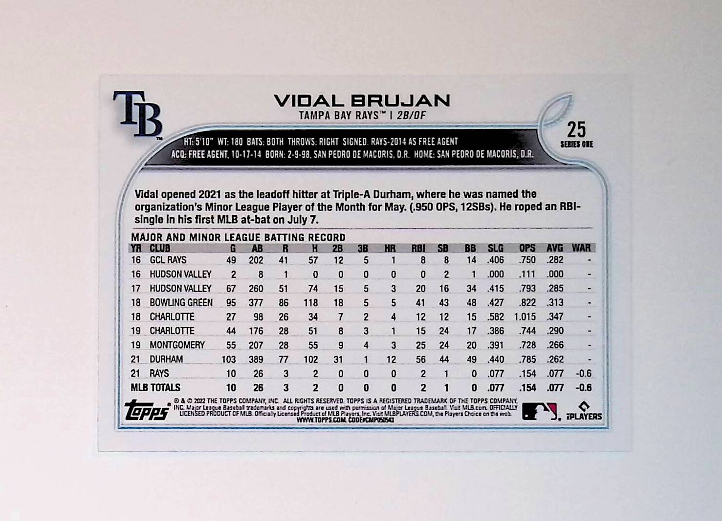 Vidal Brujan 2022 Topps #25 (Rookie Card) - LoCo Collectables