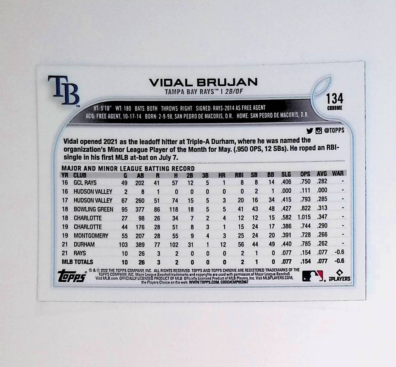 Vidal Brujan 2022 Topps Chrome #134 (Rookie Card) - LoCo Collectables