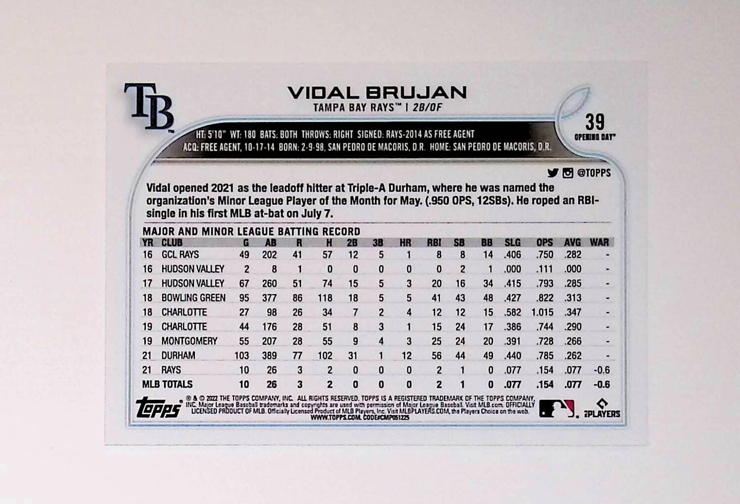 Vidal Brujan 2022 Topps Opening Day #39 (Rookie Card) - LoCo Collectables