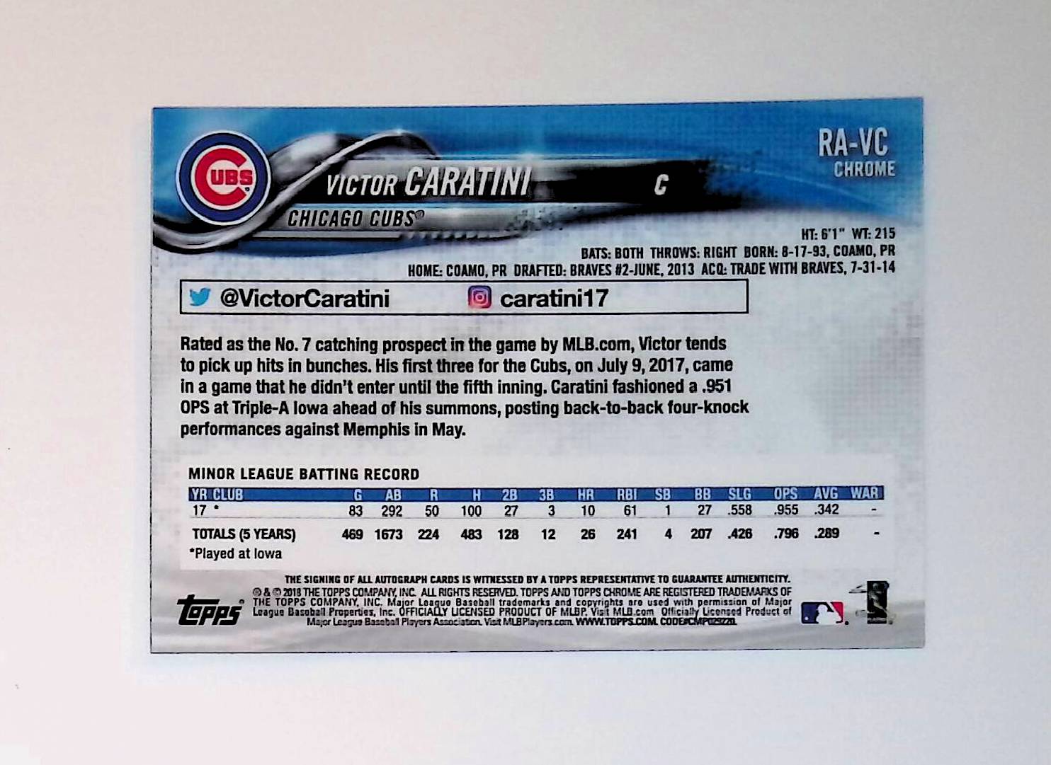 Victor Caratini 2018 Topps Chrome Rookie Autographs #RA-VC (Rookie Card) - LoCo Collectables