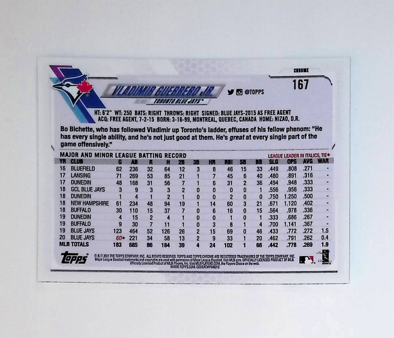 Vladimir Guerrero Jr 2021 Topps Chrome #167 - LoCo Collectables