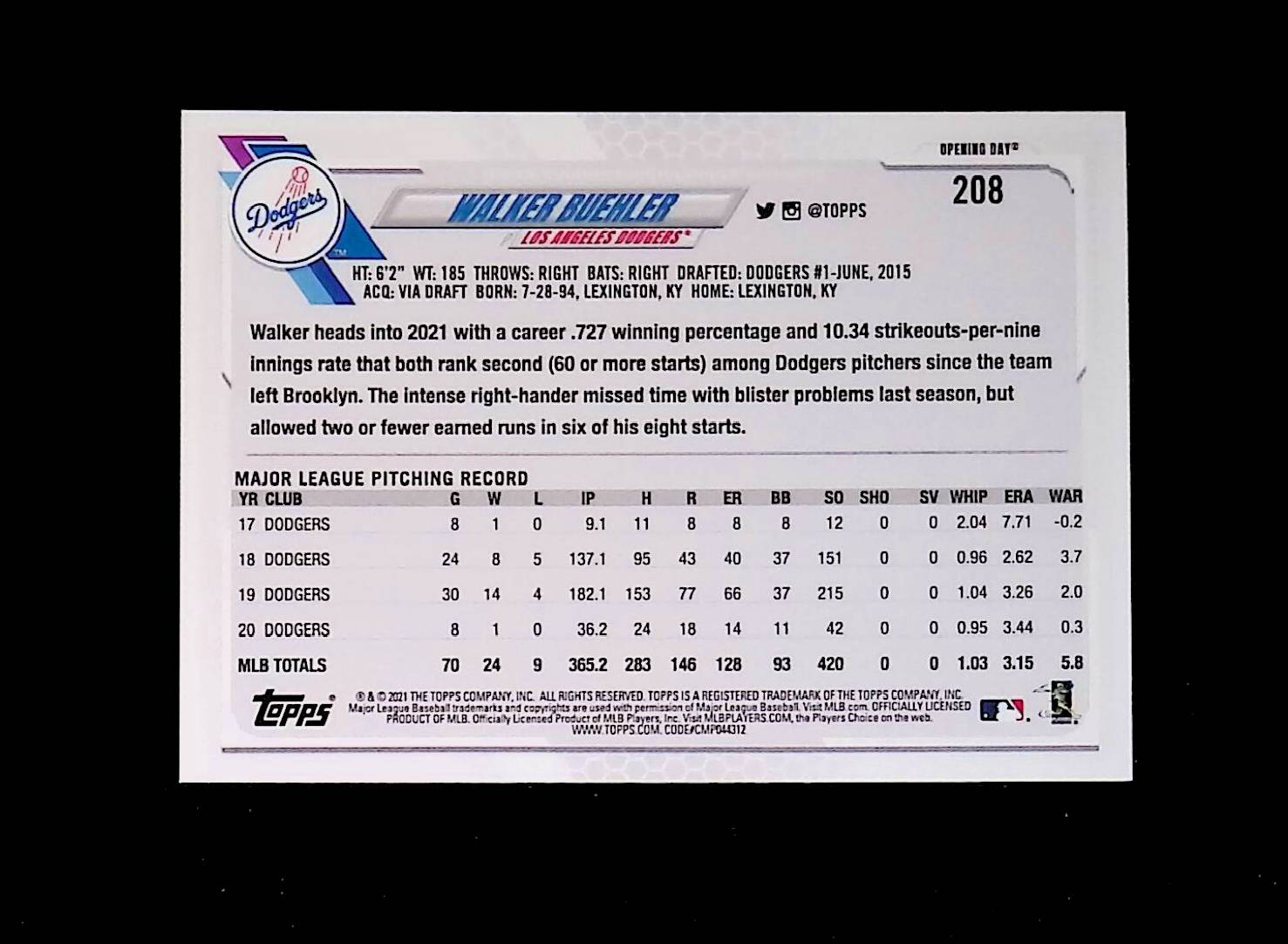 Walker Buehler 2021 Topps Opening Day #208 - LoCo Collectables