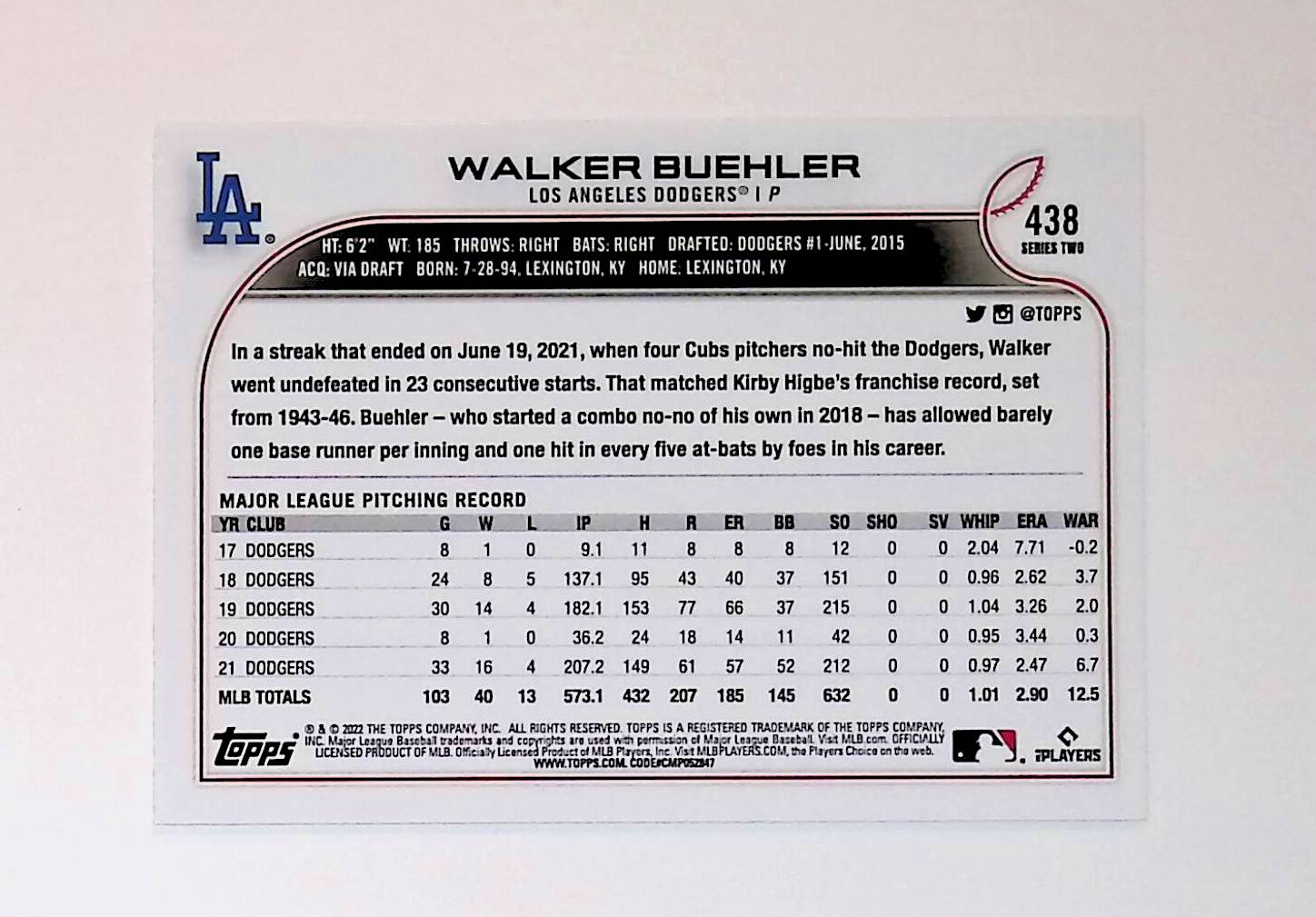 Walker Buehler 2022 Topps #438 - LoCo Collectables