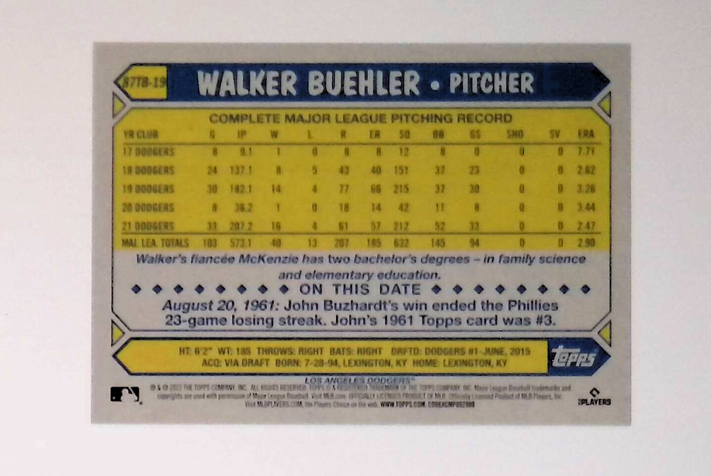 Walker Buehler 2022 Topps '87 Topps #87TB-19 - LoCo Collectables