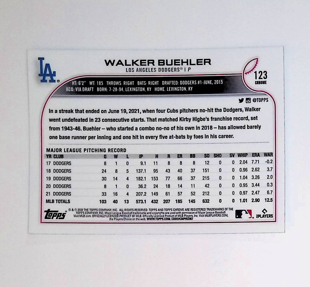 Walker Buehler 2022 Topps Chrome #123 - LoCo Collectables