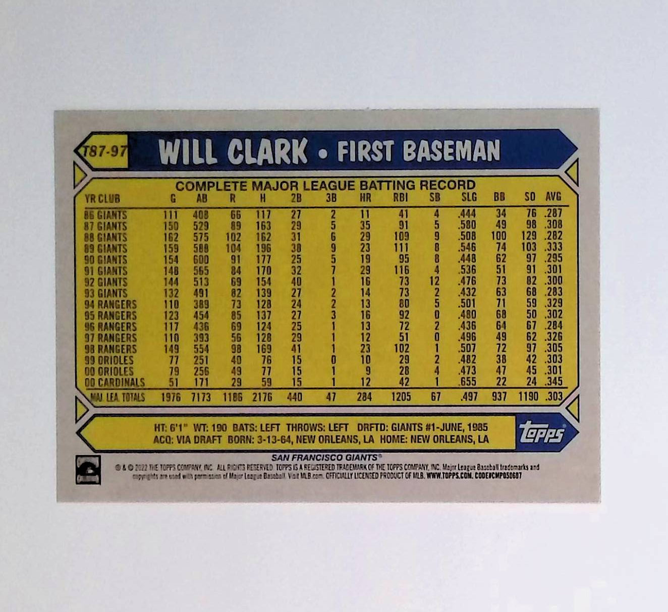 Will Clark 2022 Topps '87 Topps #T87-97 - LoCo Collectables