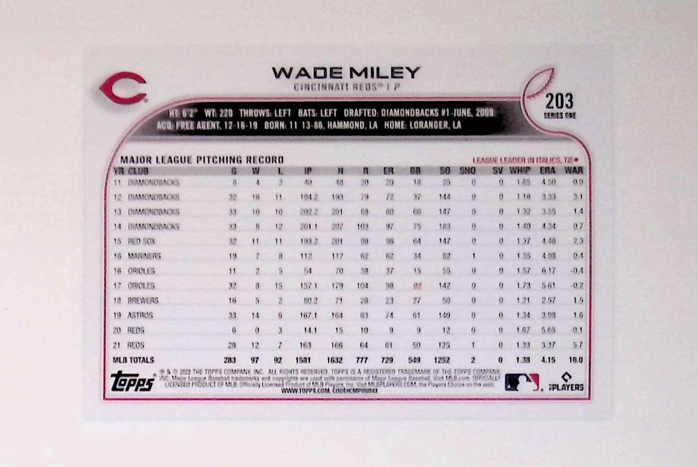 Wade Miley 2022 Topps Rainbow Foil #203 - LoCo Collectables