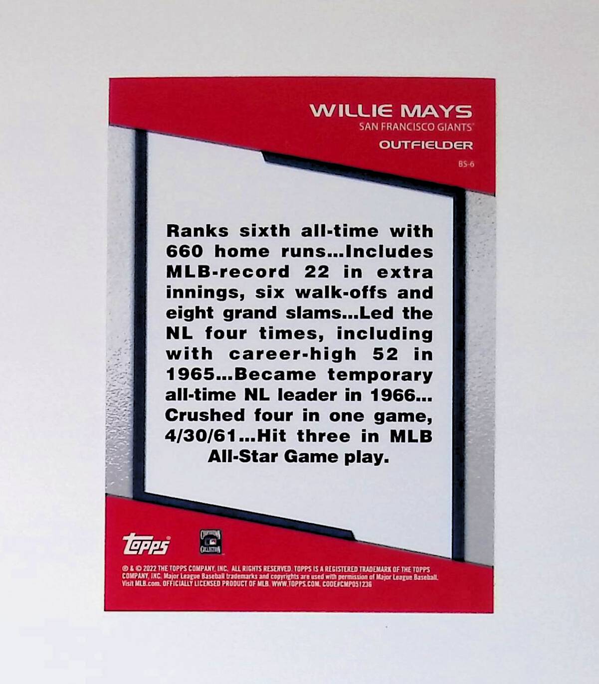 Willie Mays 2022 Topps Opening Day Bomb Squad #BS-6 - LoCo Collectables