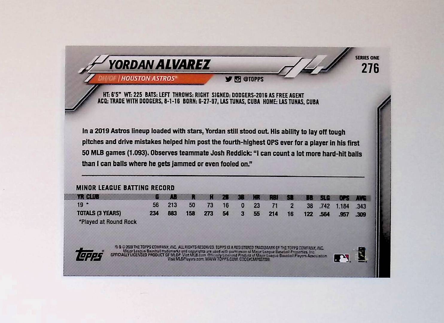 Yordan Alvarez 2020 Topps #276 (Rookie Card) - LoCo Collectables