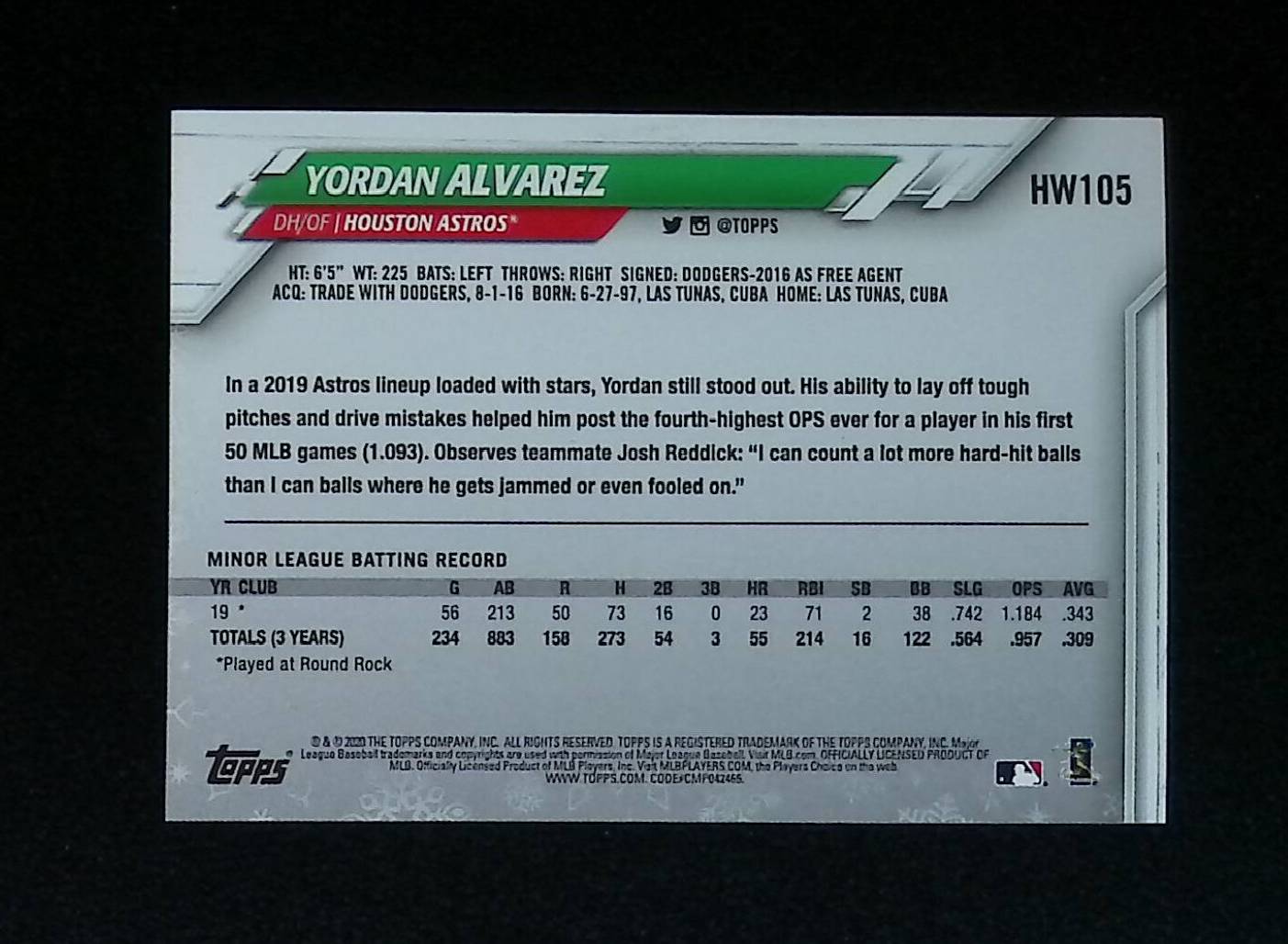 Yordan Alvarez 2020 Topps Walmart Holiday #HW105 (Rookie Card) - LoCo Collectables