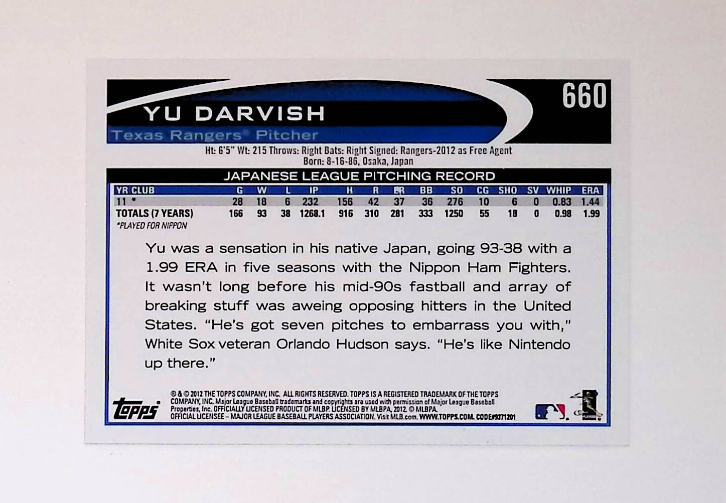 Yu Darvish 2012 Topps Photo Variation #660 (Rookie Card) - LoCo Collectables