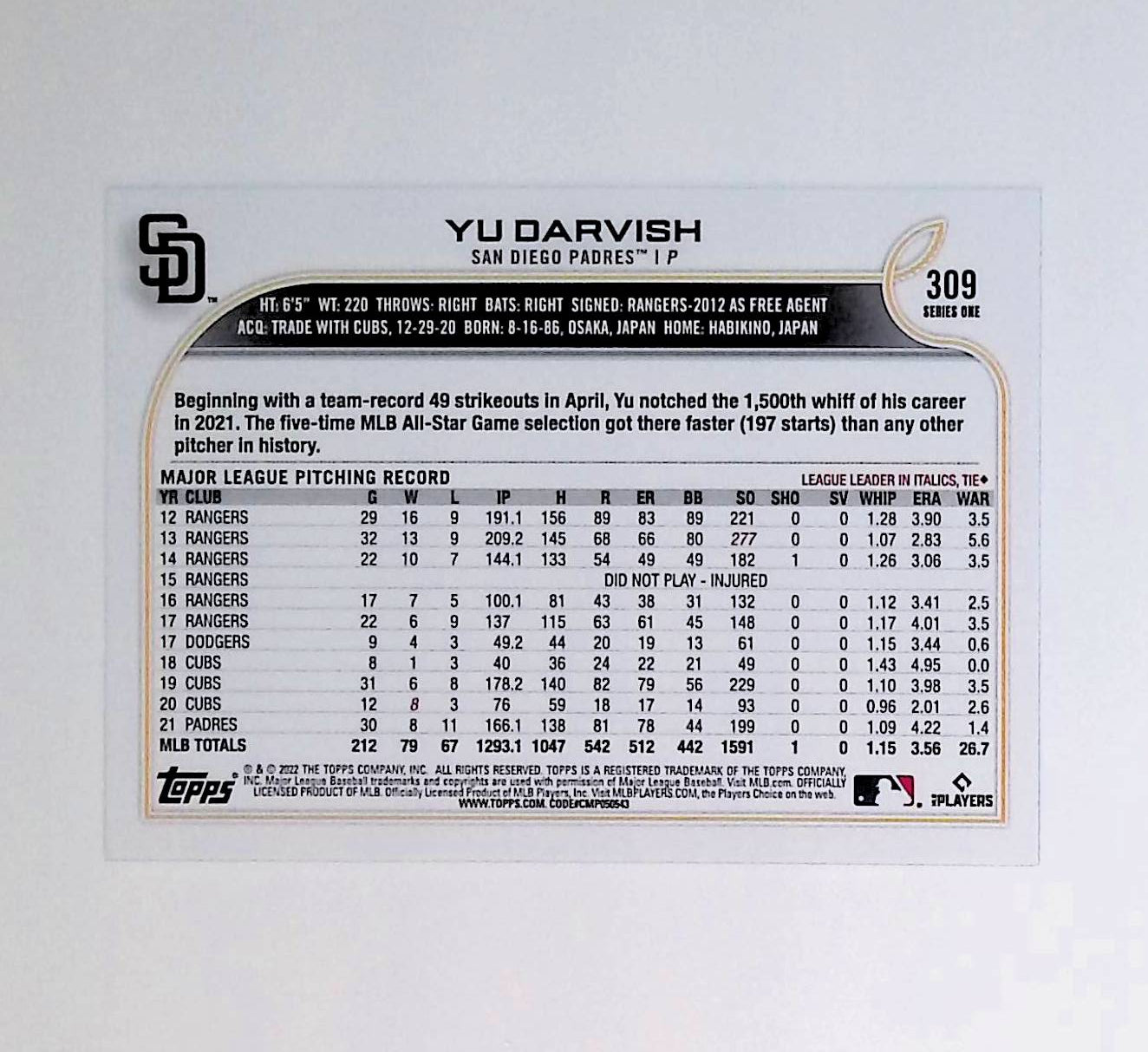 Yu Darvish 2022 Topps Rainbow Foil #309 - LoCo Collectables