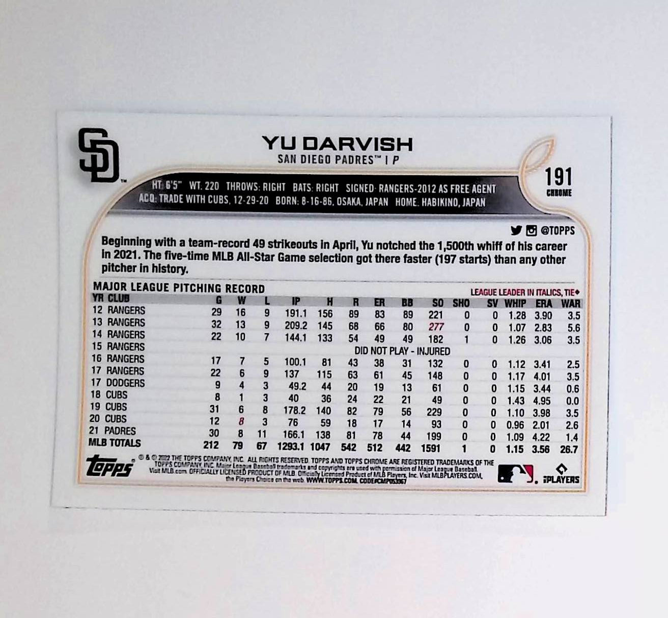 Yu Darvish 2022 Topps Chrome #191 - LoCo Collectables