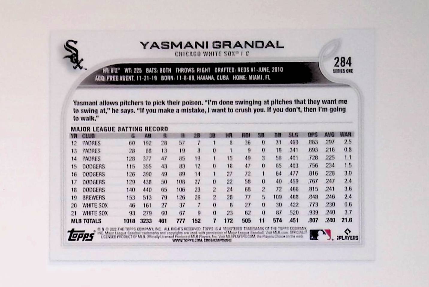 Yasmani Grandal 2022 Topps Royal Blue #284 - LoCo Collectables