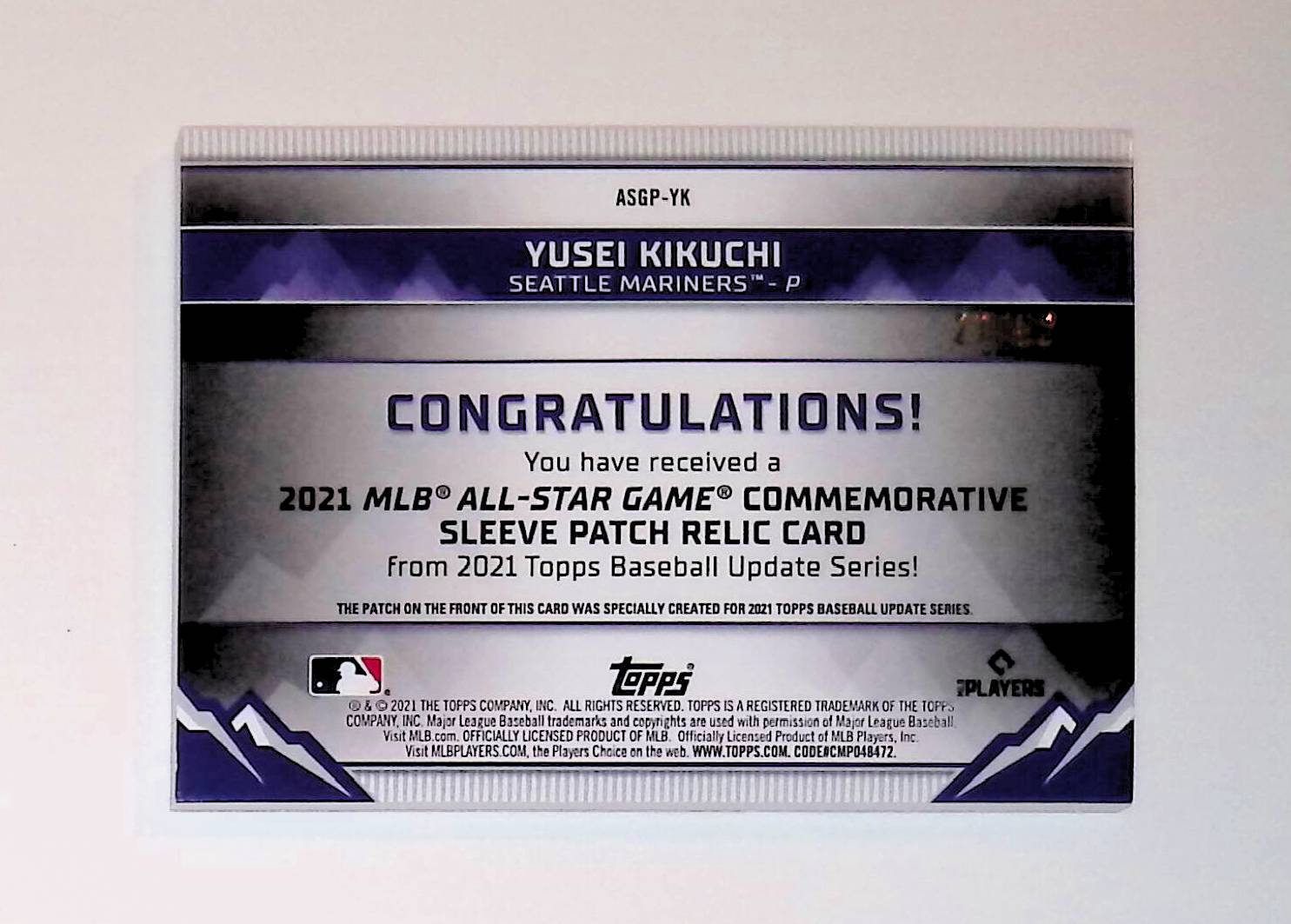 Yusei Kikuchi 2021 Topps Update All-Star Game Manufactured Sleeve Patches Gold #ASGP-YK, 27 /50 - LoCo Collectables