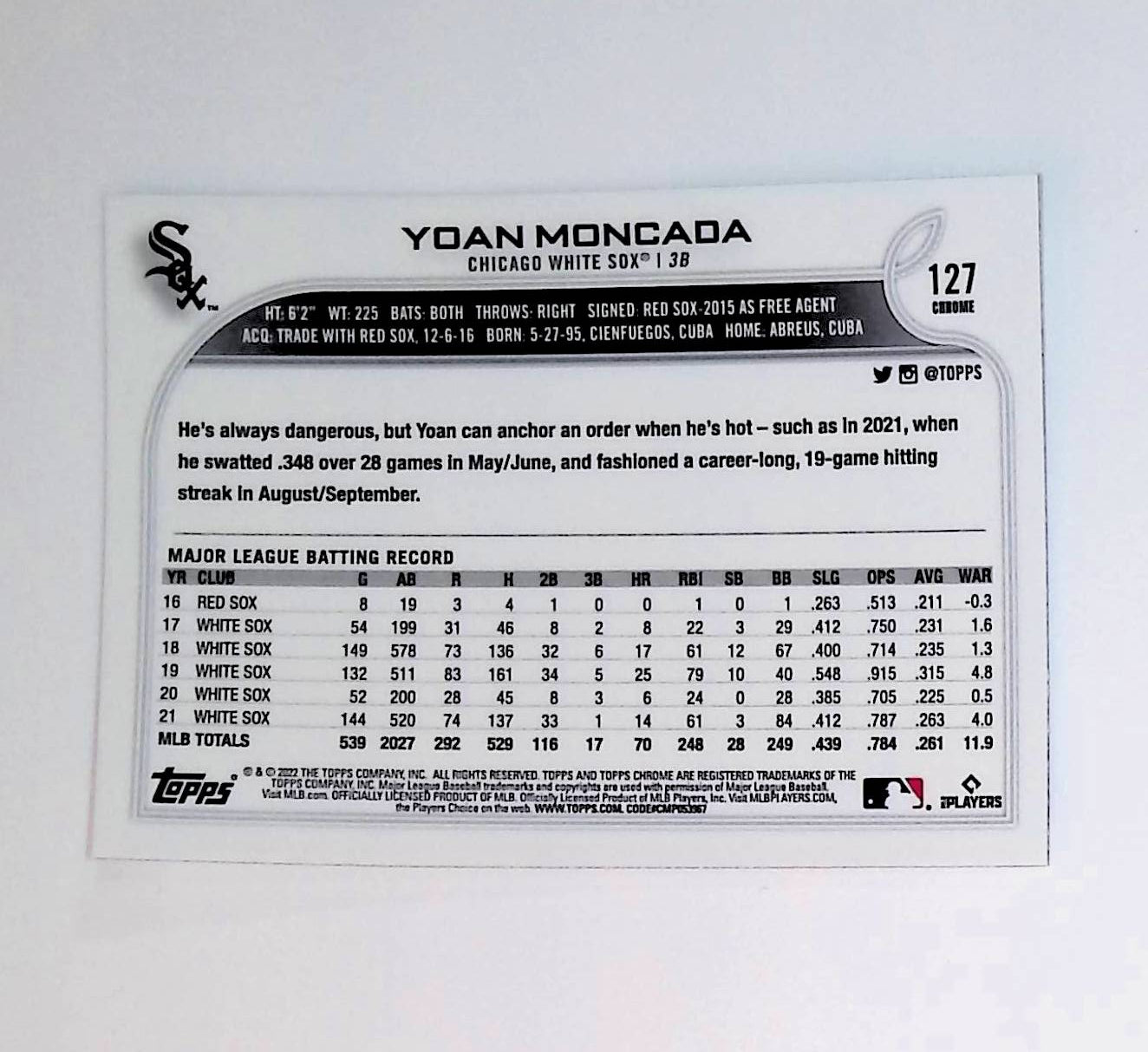 Yoan Moncada 2022 Topps Chrome #127 - LoCo Collectables