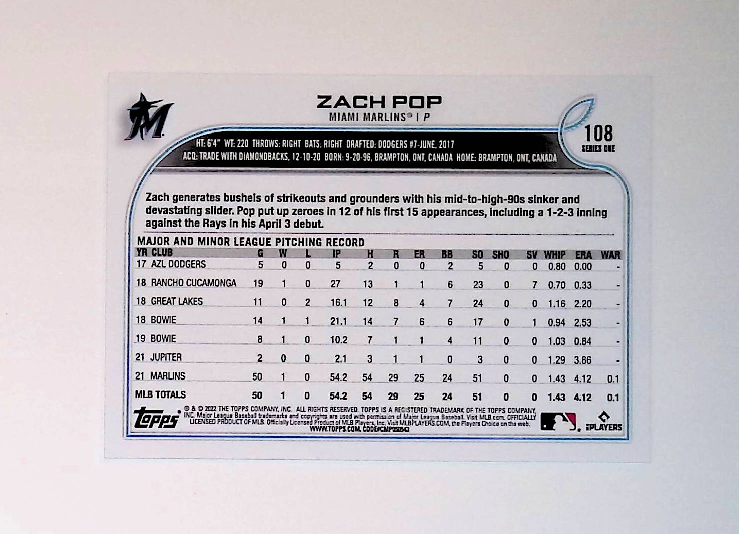 Zach Pop 2022 Topps #108 (Rookie Card) - LoCo Collectables