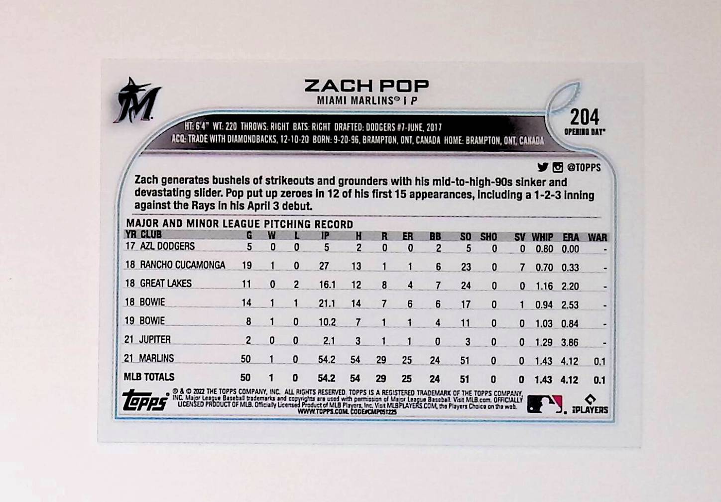 Zach Pop 2022 Topps Opening Day #204 (Rookie Card) - LoCo Collectables