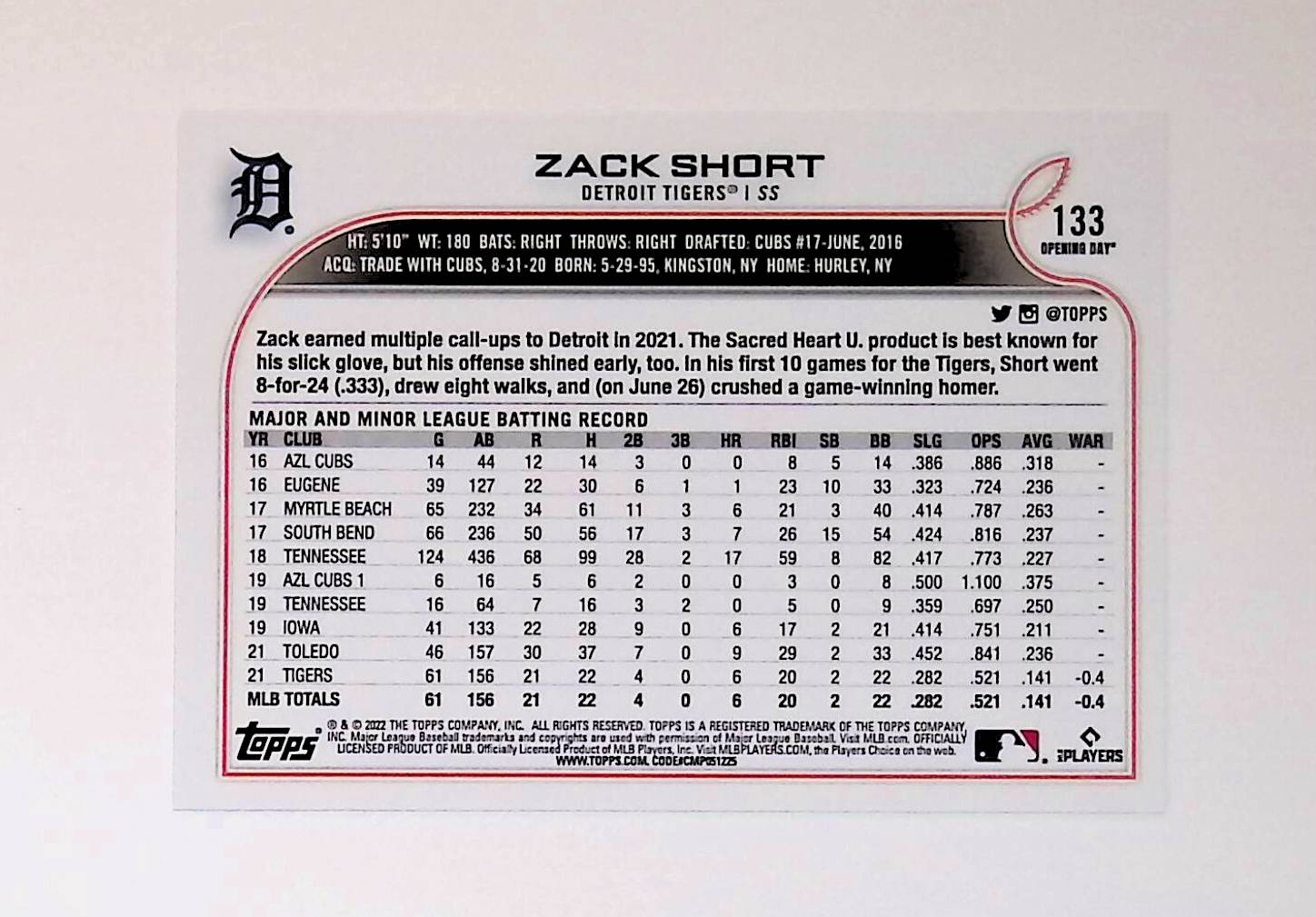 Zack Short 2022 Topps Opening Day #133 (Rookie Card) - LoCo Collectables