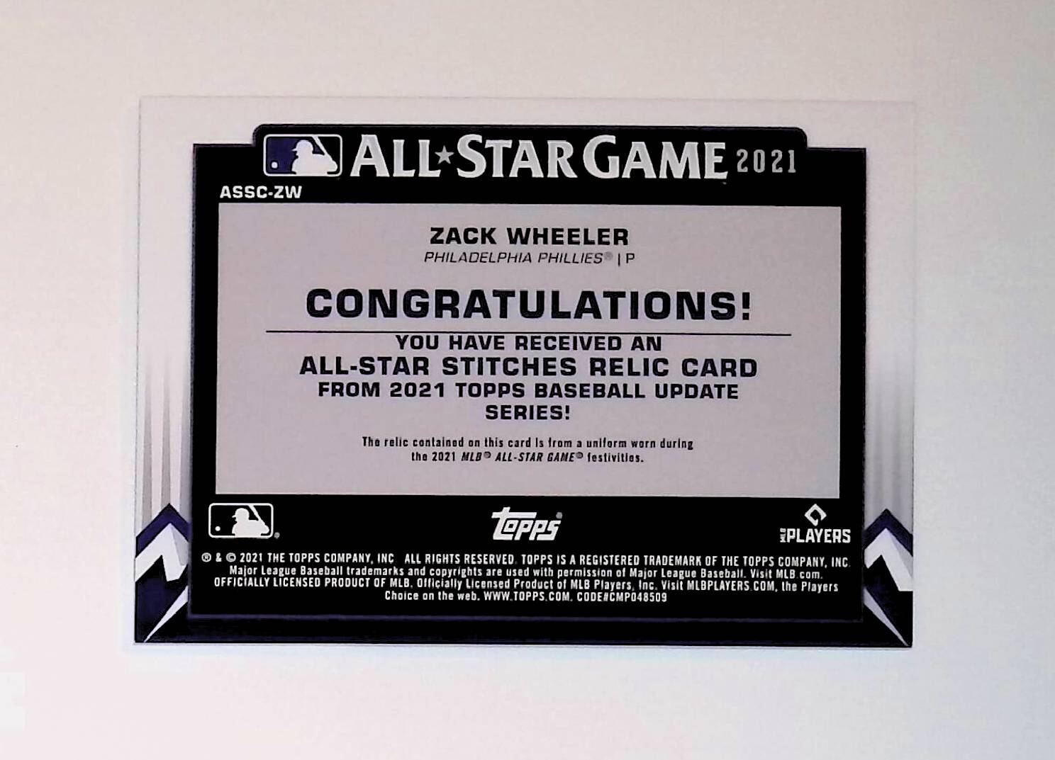 Zack Wheeler 2021 Topps Update All-Star Stitches Relics #ASSC-ZW - LoCo Collectables