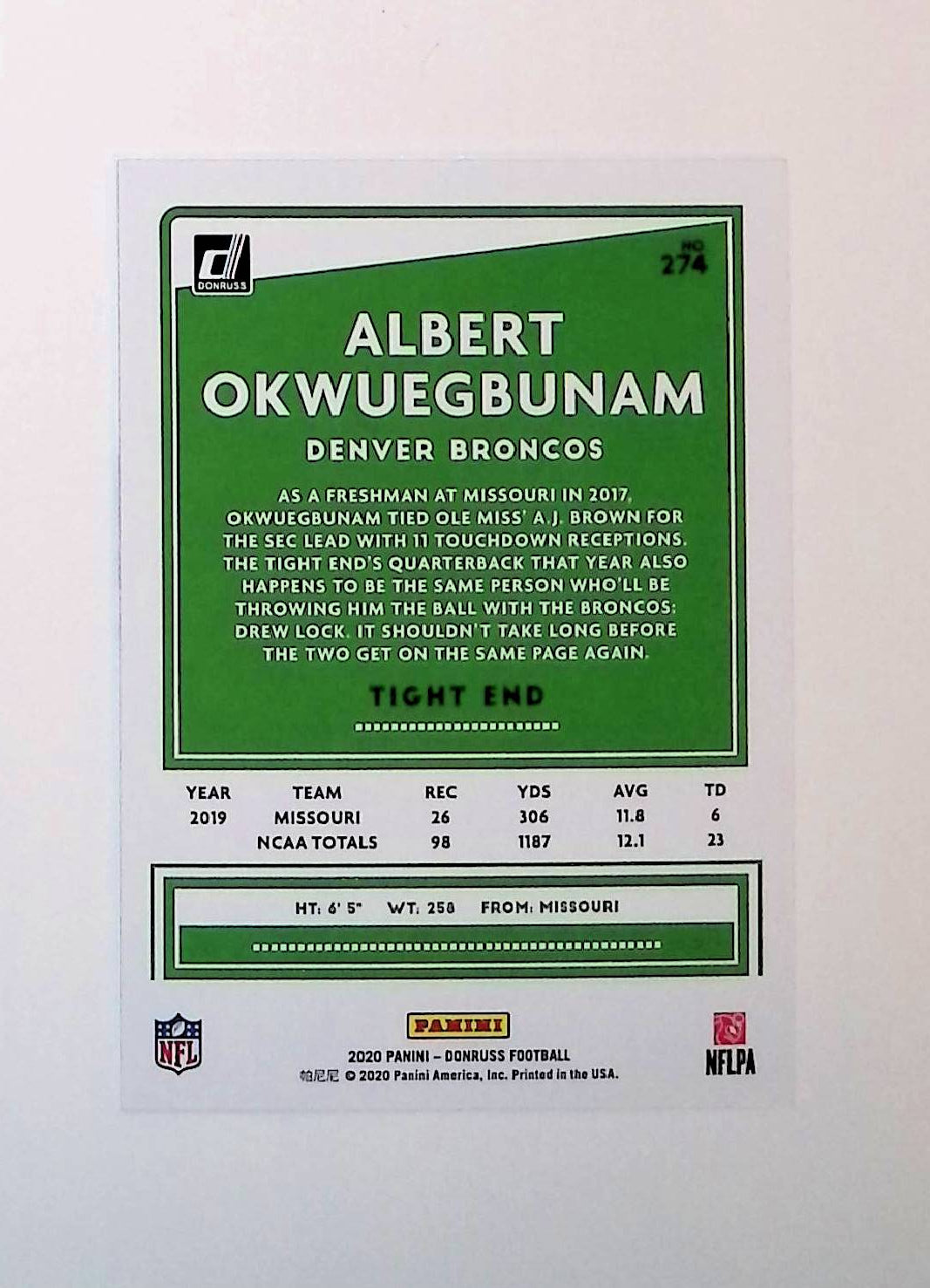 Albert Okwuegbunam 2020 Donruss #274 (Rookie Card) - LoCo Collectables