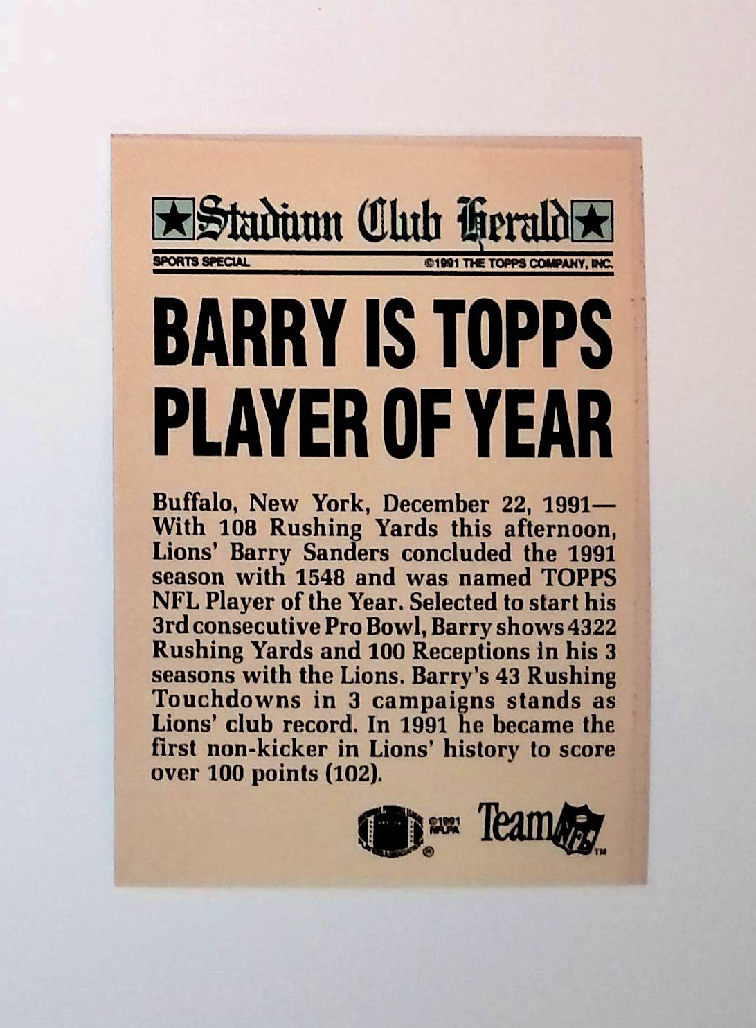 Barry Sanders 1991 Topps Stadium Club Members Only - LoCo Collectables