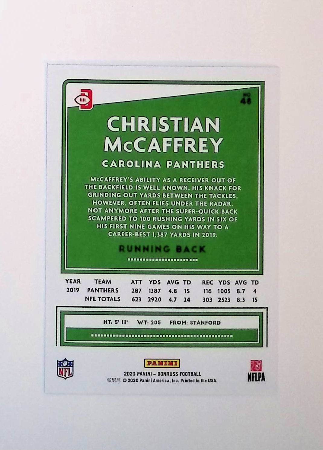 Christian McCaffrey 2020 Donruss Press Proof Blue #48 (Photo Variation SP) - LoCo Collectables