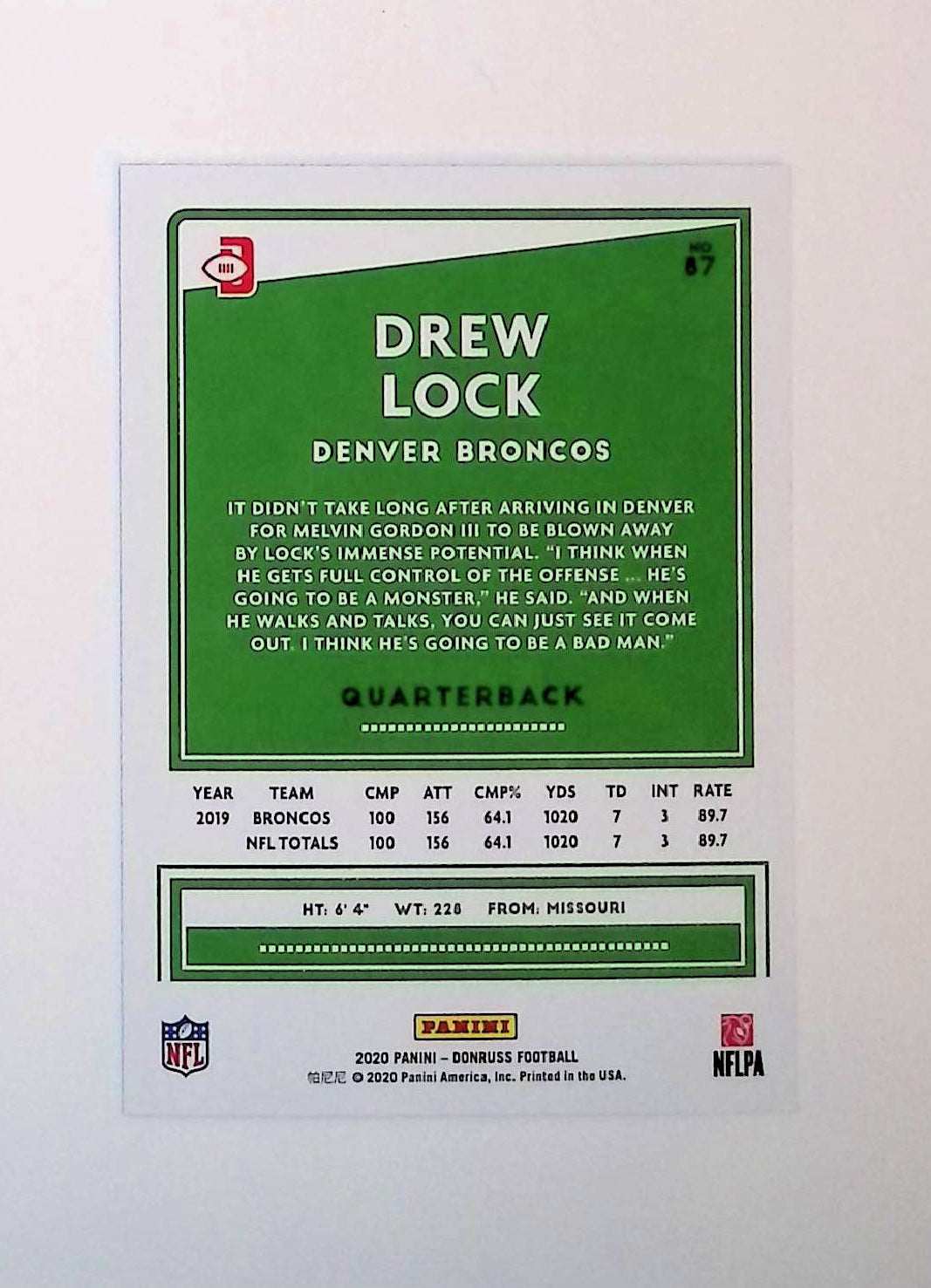 Drew Lock 2020 Donruss Press Proof Blue #87 (Photo Variation SP) - LoCo Collectables