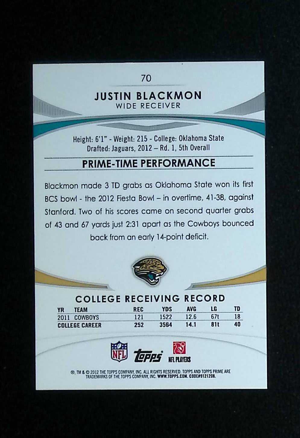 Justin Blackmon 2012 Topps Prime Copper #70 (Rookie Card), 202 /350 - LoCo Collectables