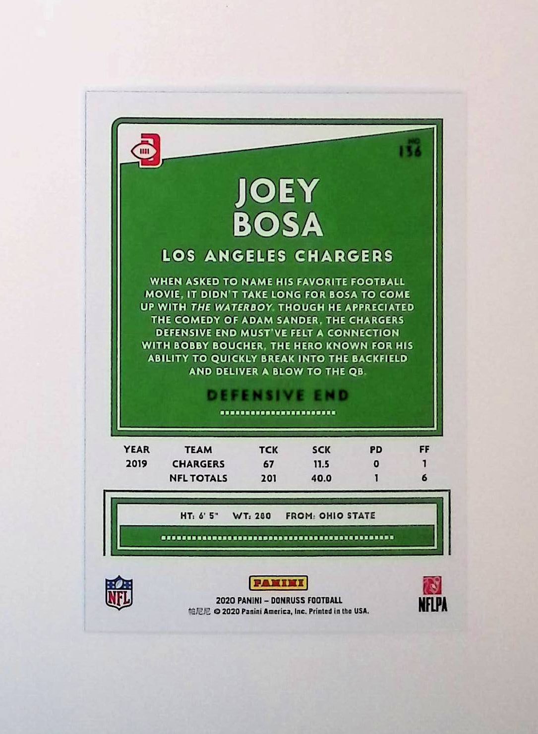 Joey Bosa 2020 Donruss Press Proof Blue #136 (Photo Variation SP) - LoCo Collectables