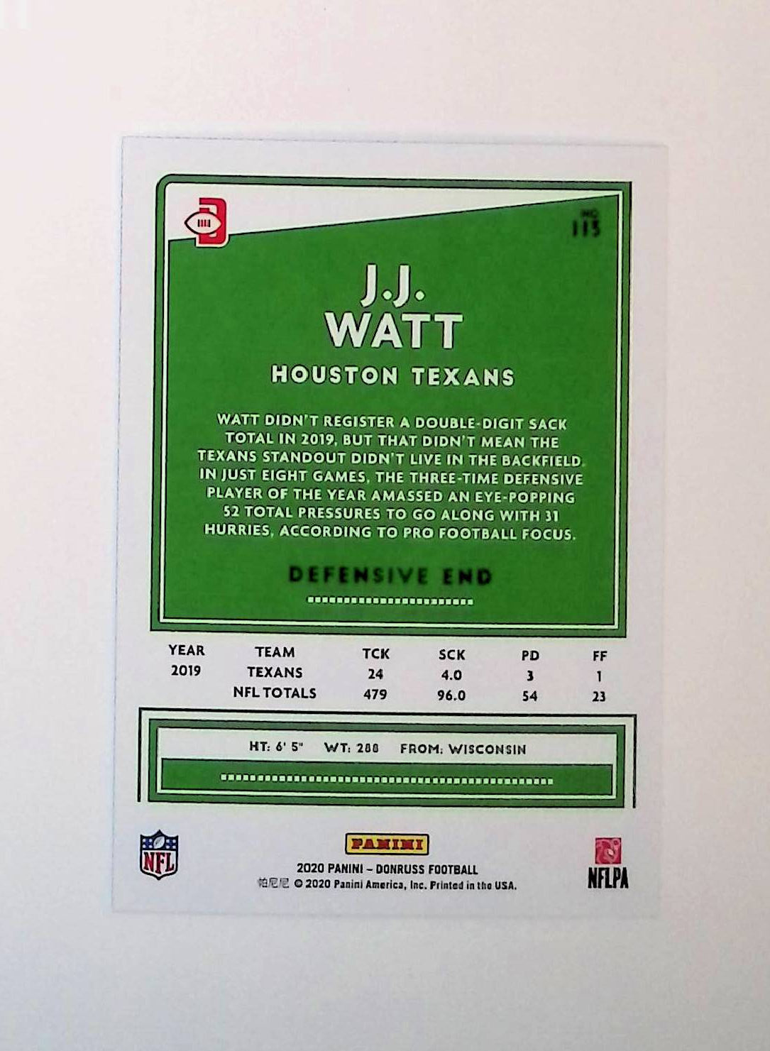 JJ Watt 2020 Donruss Press Proof Blue #113 (Photo Variation SP) - LoCo Collectables