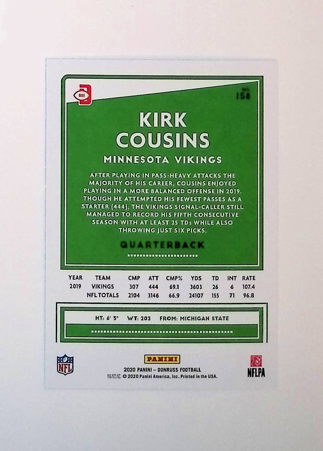 Kirk Cousins 2020 Donruss Press Proof Blue #158 (Photo Variation SP) - LoCo Collectables