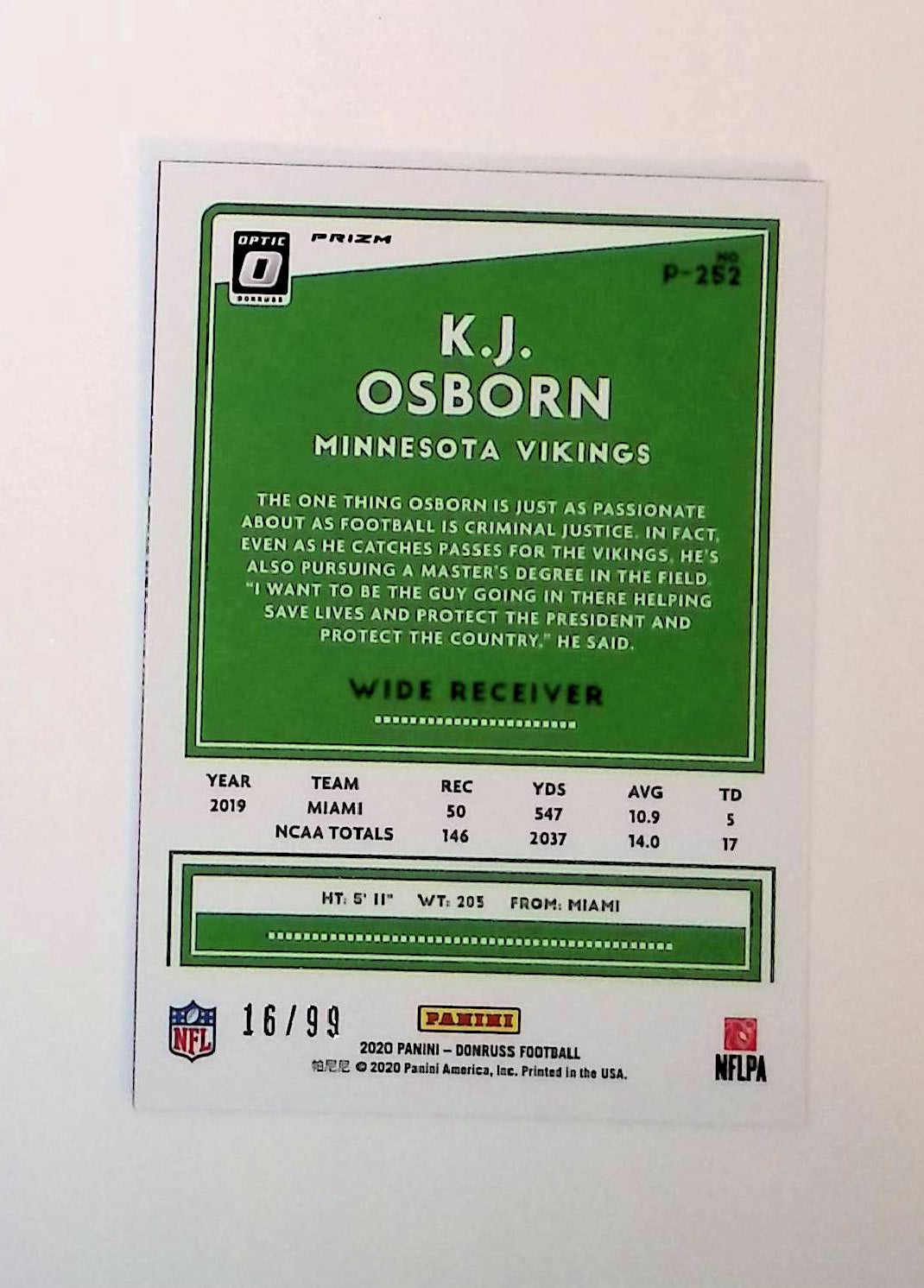 KJ Osborn 2020 Donruss Optic Preview Red #P-252 (Rookie Card, Prizm), 16 /99 - LoCo Collectables