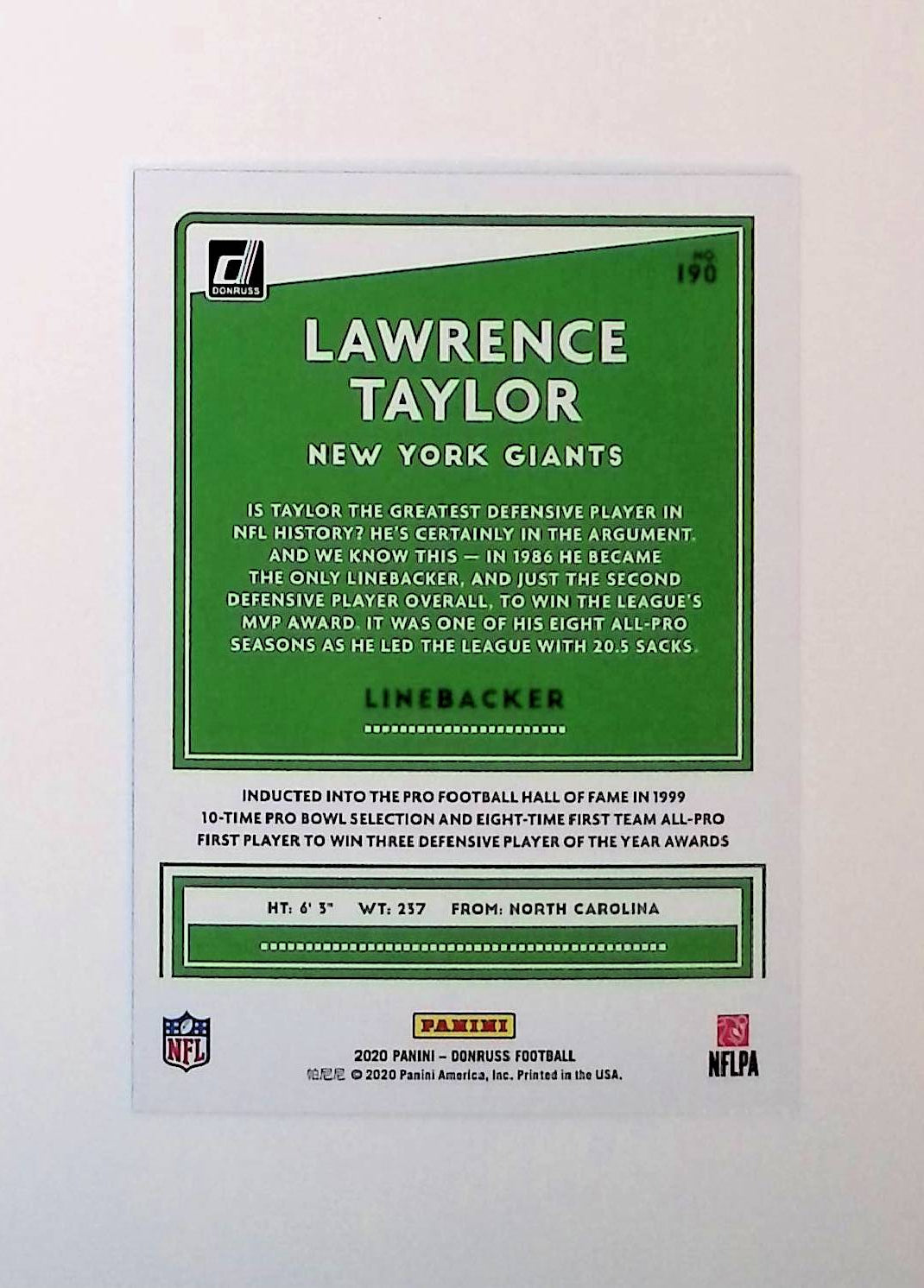 Lawrence Taylor 2020 Donruss Press Proof Blue #190 - LoCo Collectables