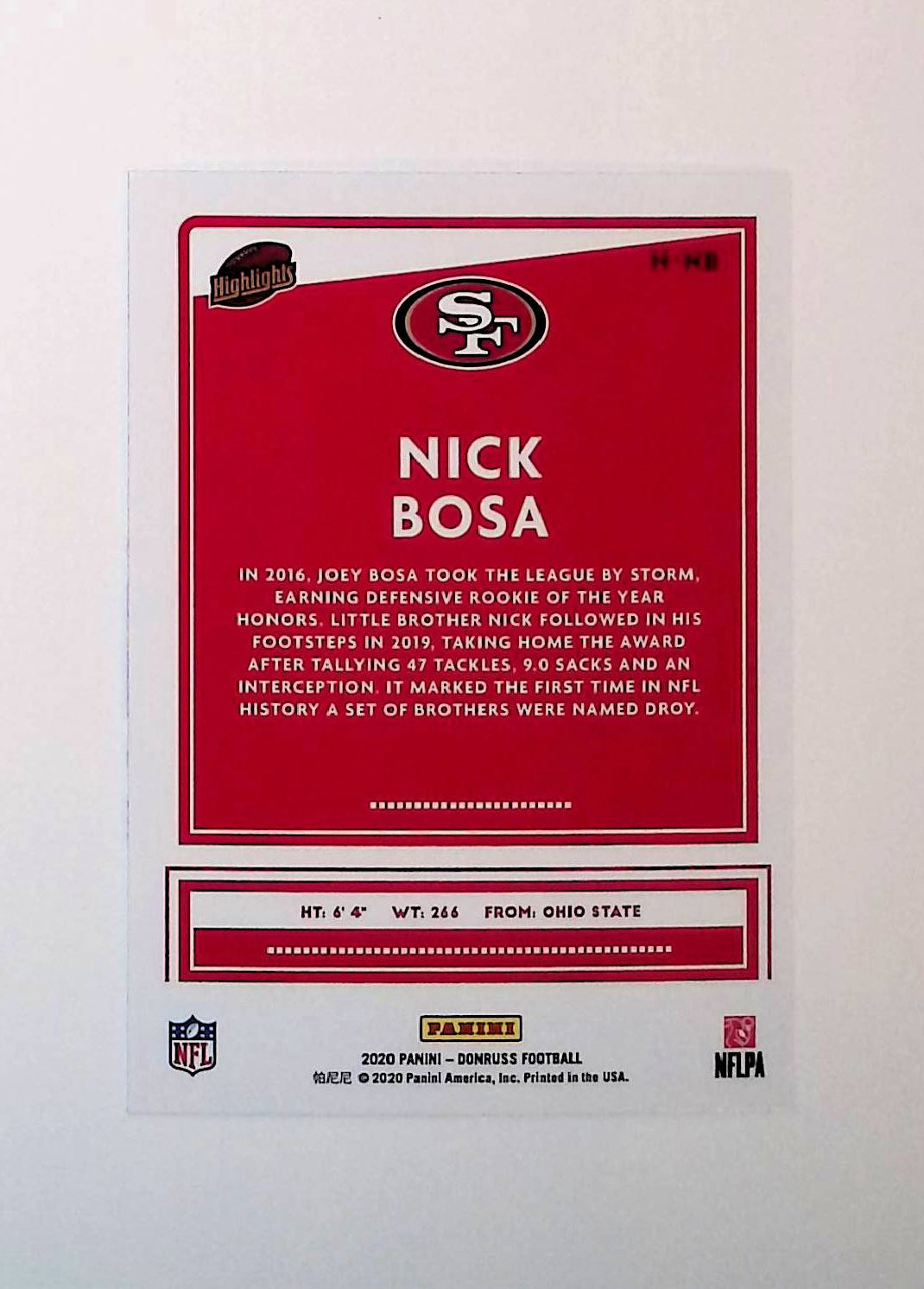 Nick Bosa 2020 Donruss Highlights #H-NB - LoCo Collectables