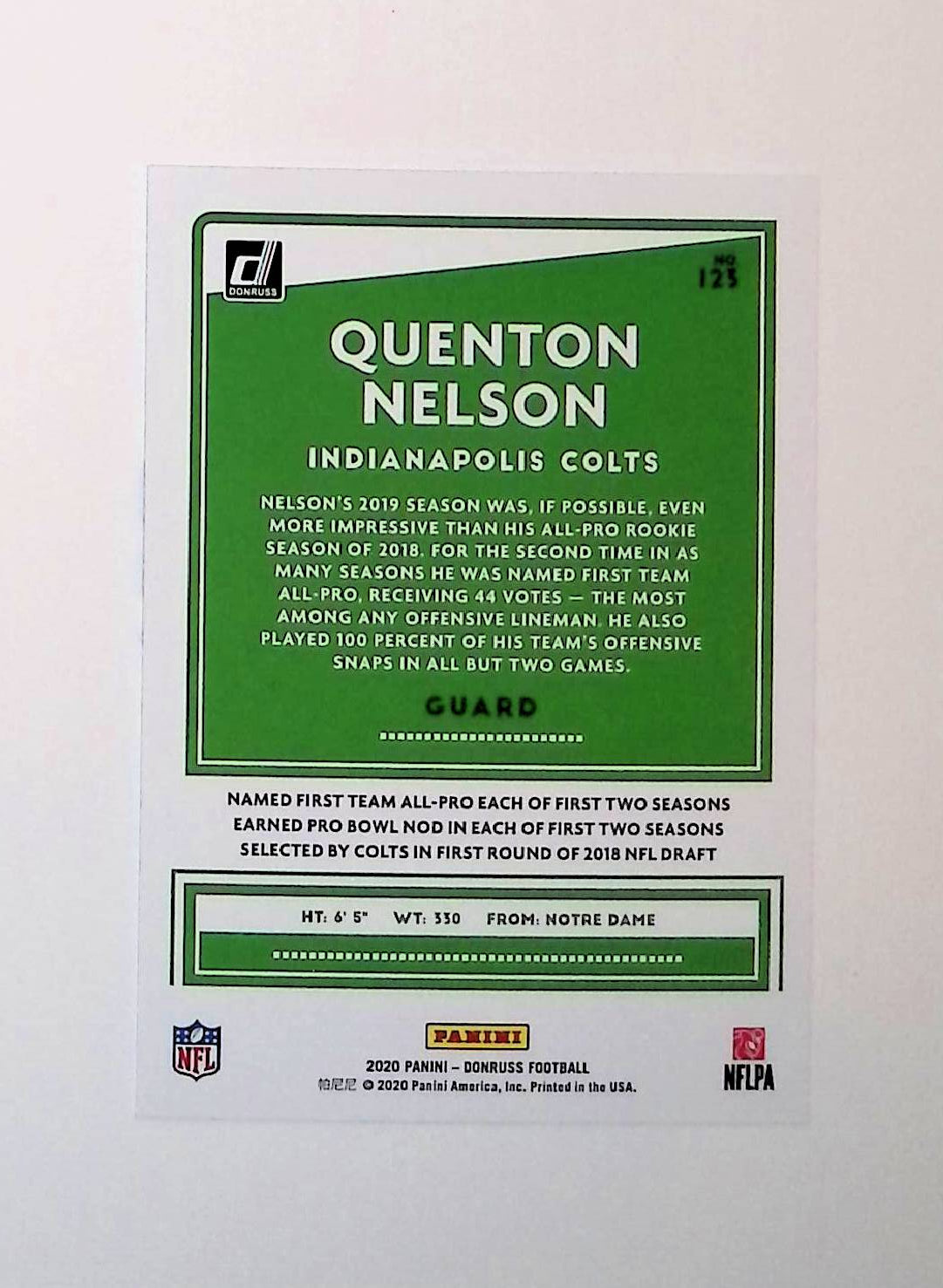 Quenton Nelson 2020 Donruss #123 - LoCo Collectables