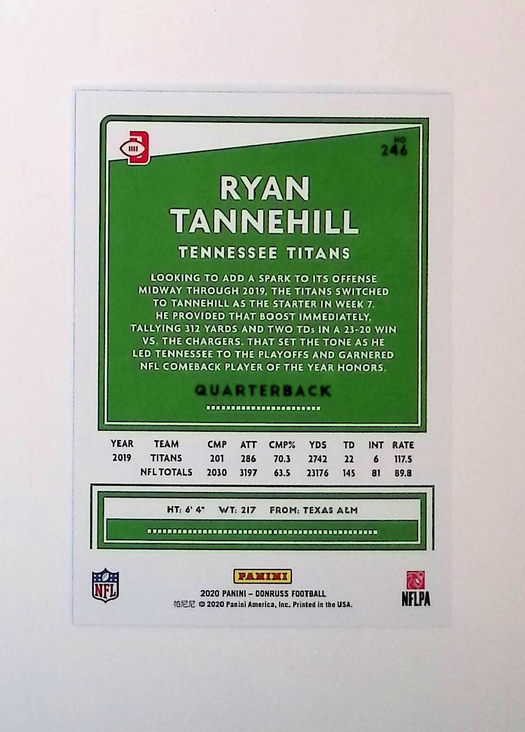 Ryan Tannehill 2020 Donruss Press Proof Blue #246 (Photo Variation SP) - LoCo Collectables