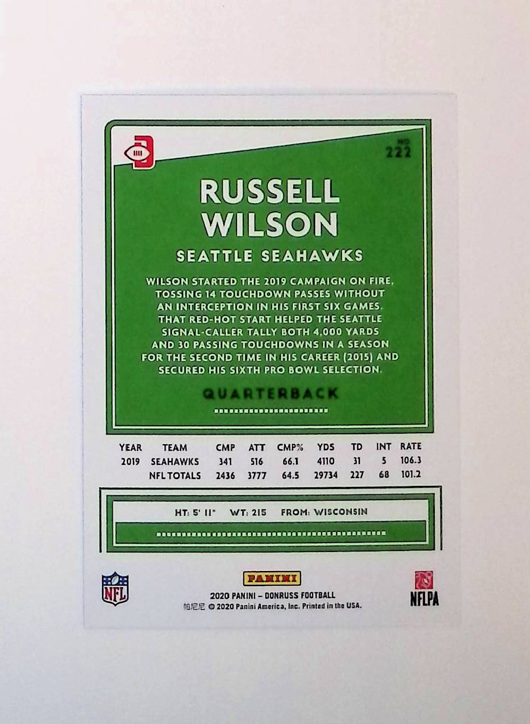 Russell Wilson 2020 Donruss Press Proof Blue #222 (Photo Variation SP) - LoCo Collectables